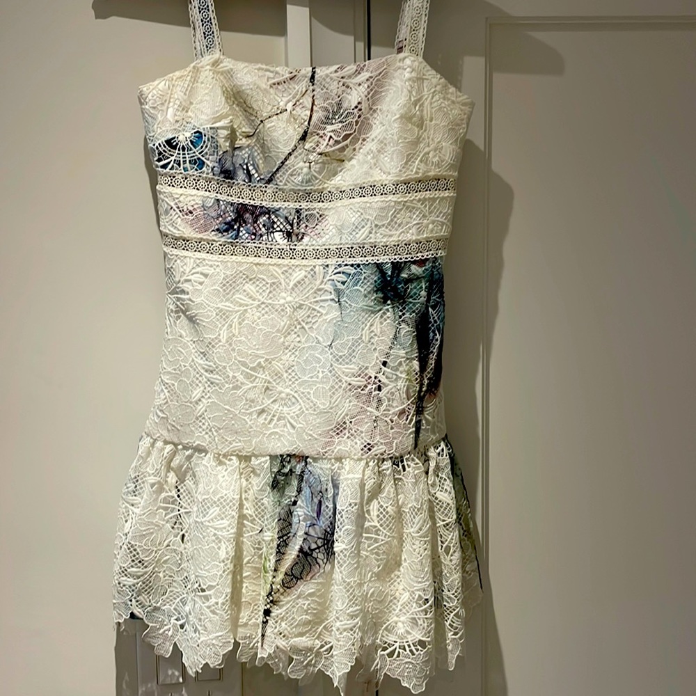 Stunning Printed guipure lace mini dress. Size 2